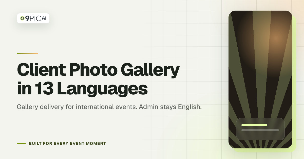 9Pic AI client photo gallery in 13 languages for event photo delivery